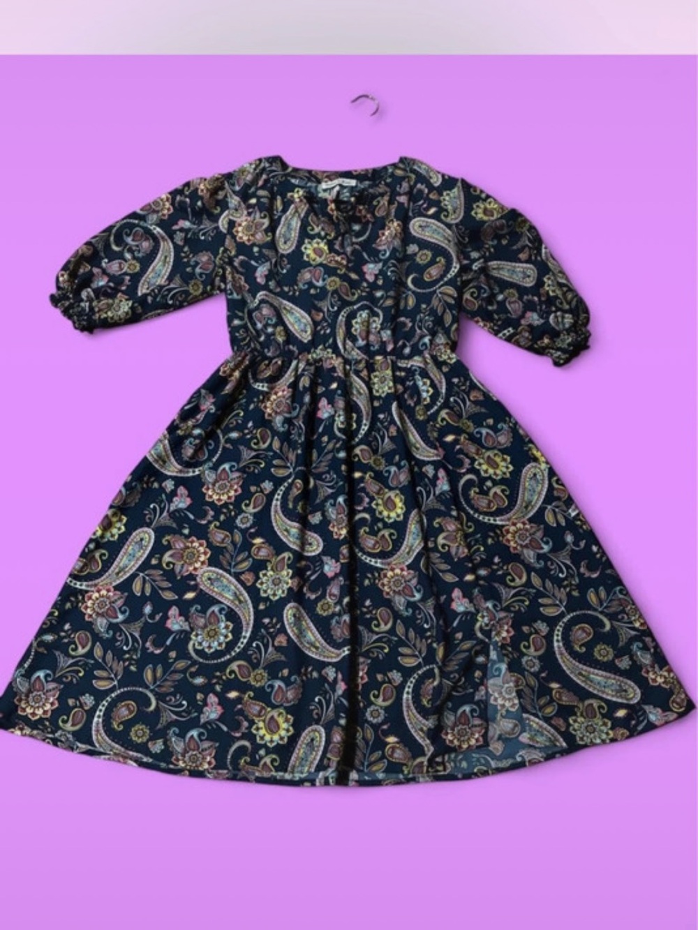 Girls Navy Paisley Floral Midi Dress with Elastic Waist